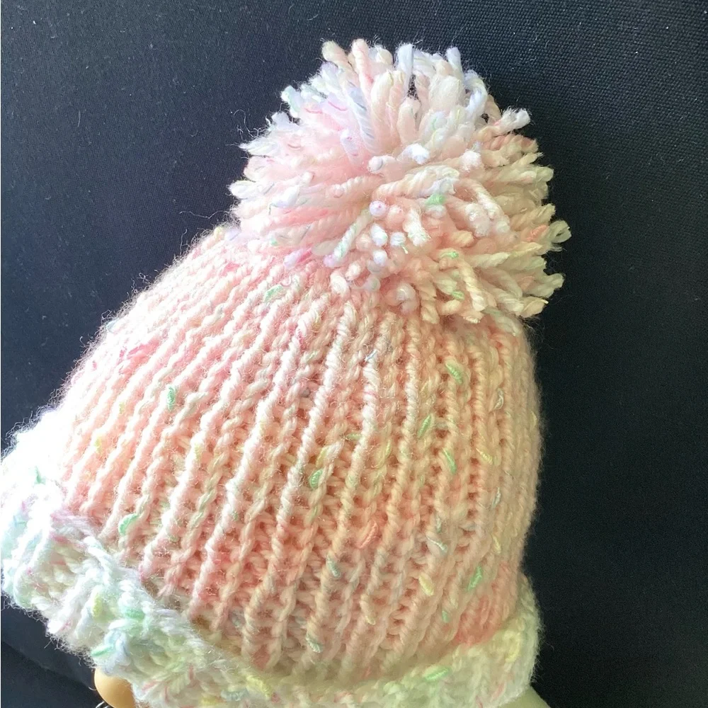 Beanie Pom Pom Hand Crafted Pastel Knit Pink White